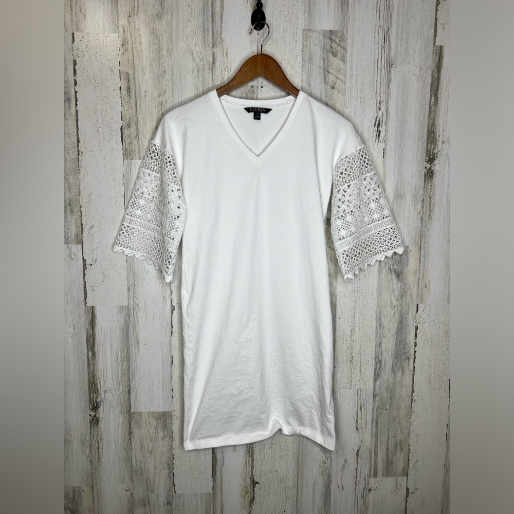 Lauren Ralph Lauren Women's V Neck Crochet Sleeve Top White Size XS